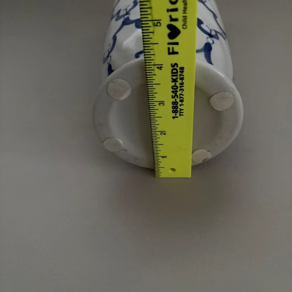 Blue and White Ceramic‎ Trellis Cylinder Vase Scalloped Rim 11.5 Inch Flowers